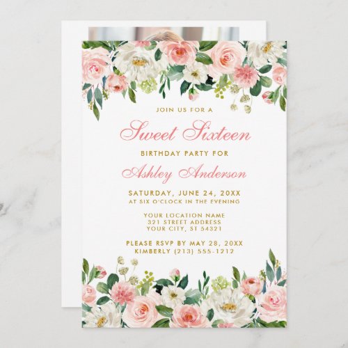 Sweet Sixteen Pink Blush Floral Gold Photo Invitation