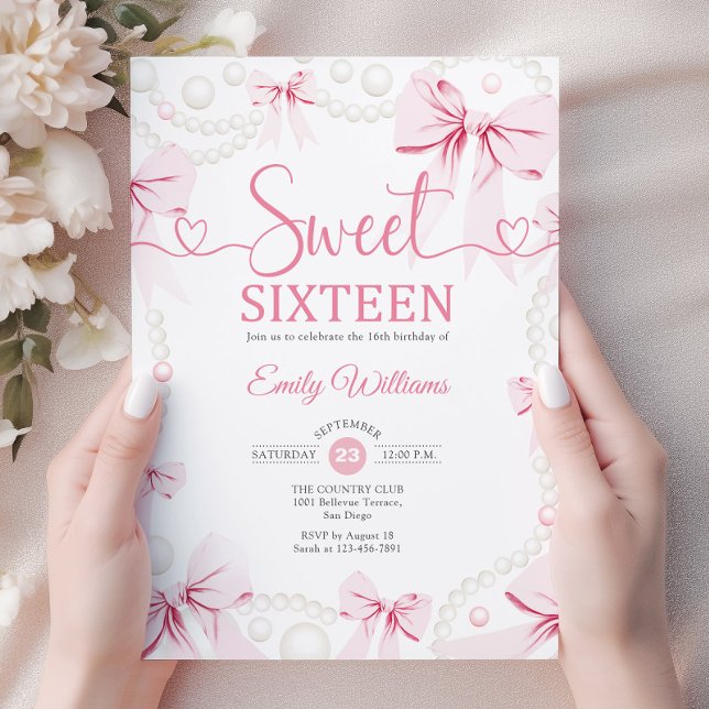 Sweet Sixteen Pink Bows Pearls Coquette Invitation (Creator Uploaded)