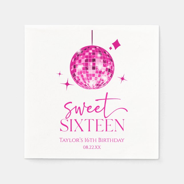 Sweet Sixteen Pink Disco Ball 16th Birthday Party Napkins (Front)