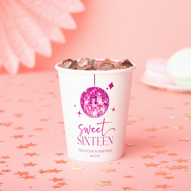 Sweet Sixteen Pink Disco Ball 16th Birthday Party Paper Cups (Insitu)