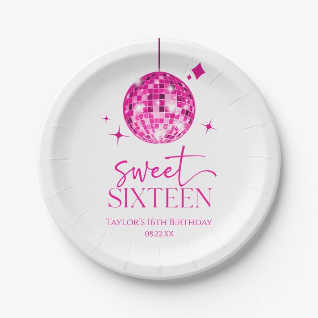 Sweet Sixteen Pink Disco Ball 16th Birthday Party Paper Plates (Front)