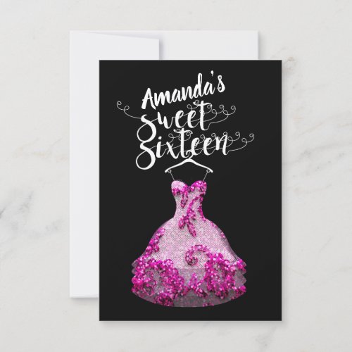 Sweet Sixteen Pink Dress Florals Princess Black  Invitation