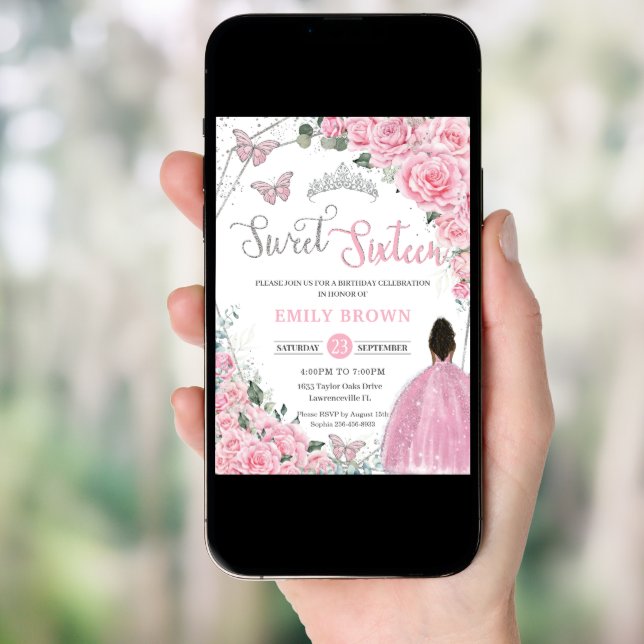 Sweet Sixteen Pink Floral Brown Princess Birthday Invitation (Front Digital)