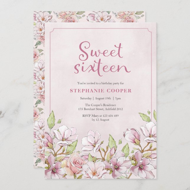 Sweet Sixteen Pink Floral invitation (Front/Back)