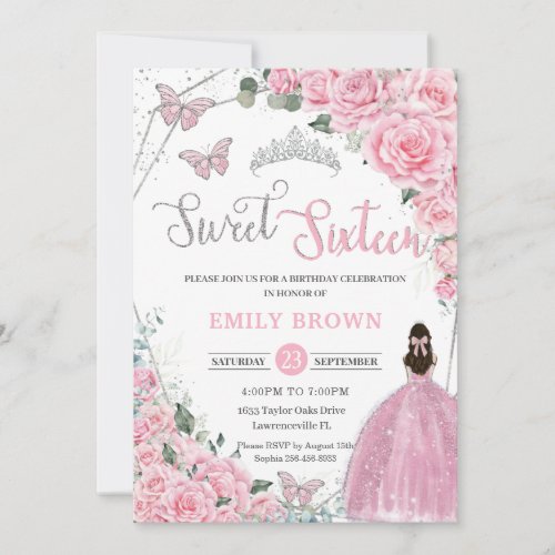 Sweet Sixteen Pink Floral Princess Silver Birthday Invitation
