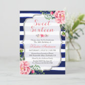 Sweet Sixteen Pink Floral Silver Blue Stripes Invitation (Standing Front)