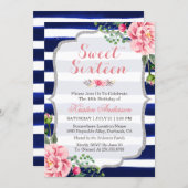 Sweet Sixteen Pink Floral Silver Blue Stripes Invitation (Front/Back)