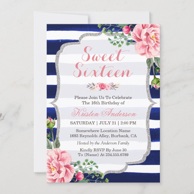 Sweet Sixteen Pink Floral Silver Blue Stripes Invitation (Front)