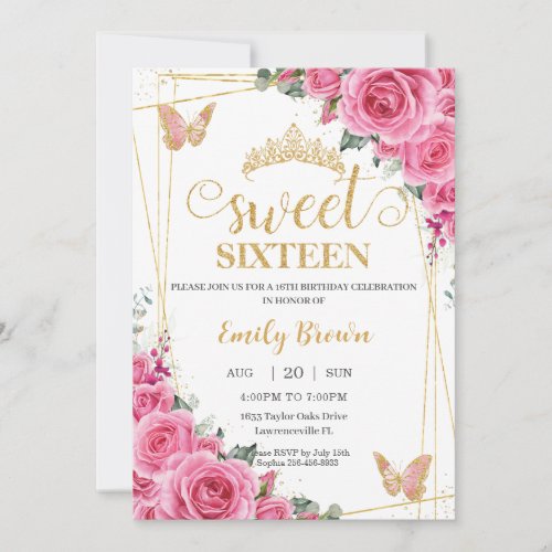Sweet Sixteen Pink Fuchsia Floral Gold Butterflies Invitation