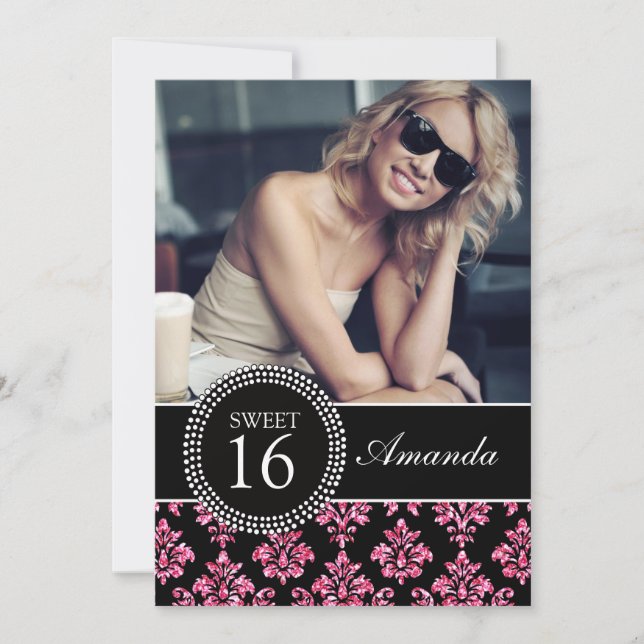 SWEET SIXTEEN, PINK GLITTER,  BLACK DAMASK INVITATION (Front)