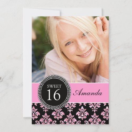 SWEET SIXTEEN, PINK GLITTER,  BLACK DAMASK CUSTOM ANNOUNCEMENTS