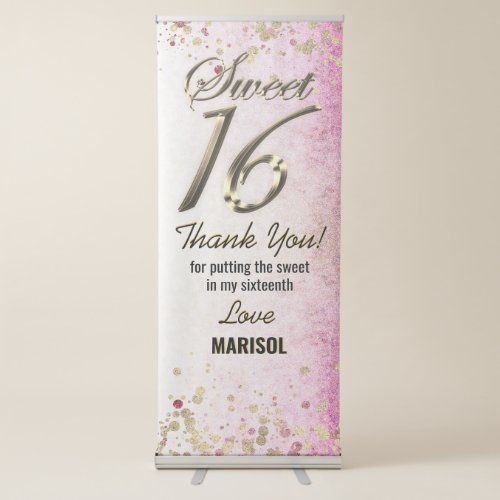 Sweet Sixteen Pink Gold Faux Foil Glitter Retractable Banner