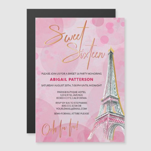 Sweet Sixteen Pink Gold Paris 16th Birthday Party Magnetic Invitation