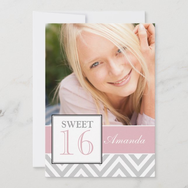 SWEET SIXTEEN PINK GRAY CHEVRON PATTERN INVITATION (Front)