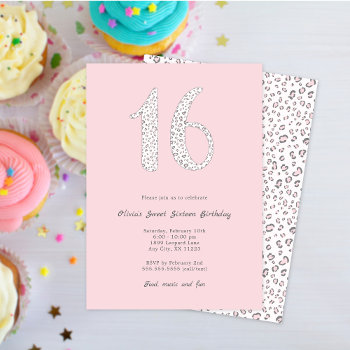 Sweet Sixteen Pink Gray Leopard Birthday Invitation by lemontreecards at Zazzle