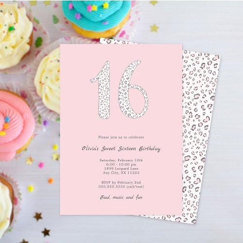 Sweet Sixteen Pink Gray Leopard Birthday Invitation