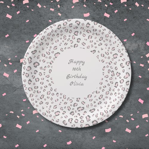 Sweet Sixteen Pink Gray Leopard Pattern Paper Plates