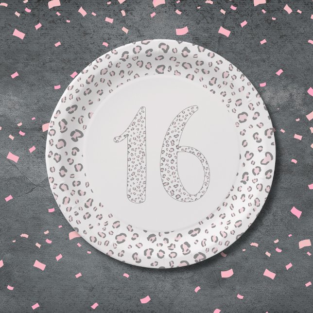 Sweet Sixteen Pink Gray Leopard Pattern Paper Plates (Creator Uploaded)