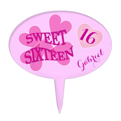 Sweet Sixteen Pink Hearts Birthday Cake Topper