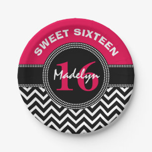 Sweet Sixteen Pink Monogram Chevron Paper Plates