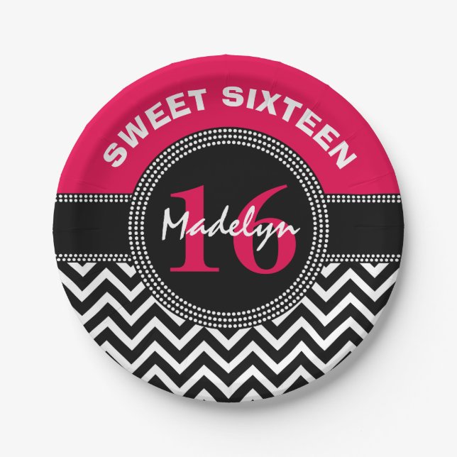Sweet Sixteen Pink Monogram Chevron Paper Plates (Front)