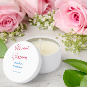 Sweet Sixteen pink name date calligraphy boho blue Mini Candle Favors
