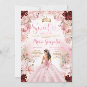 Sweet Sixteen Pink Princess Dress Burgundy Floral Invitation