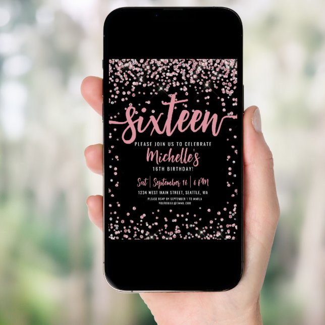 Sweet Sixteen Pink Rose Gold Glitter 16th Birthday Invitation (Front Digital)