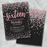 Sweet Sixteen Pink Rose Gold Glitter 16th Birthday Invitation<br><div class="desc">Introducing a chic and playful Sweet Sixteen 16th birthday party invitation that's perfect for celebrating in style. The elegant design features a mix of pink rose gold glitter and silver glitter confetti, adding a fun and girly touch. At the top, "Sixteen" is prominently displayed in bold calligraphy, setting the tone...</div>