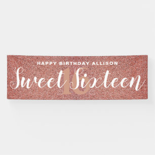 Sweet Sixteen Pink Rose Gold Glitter Personalized Banner