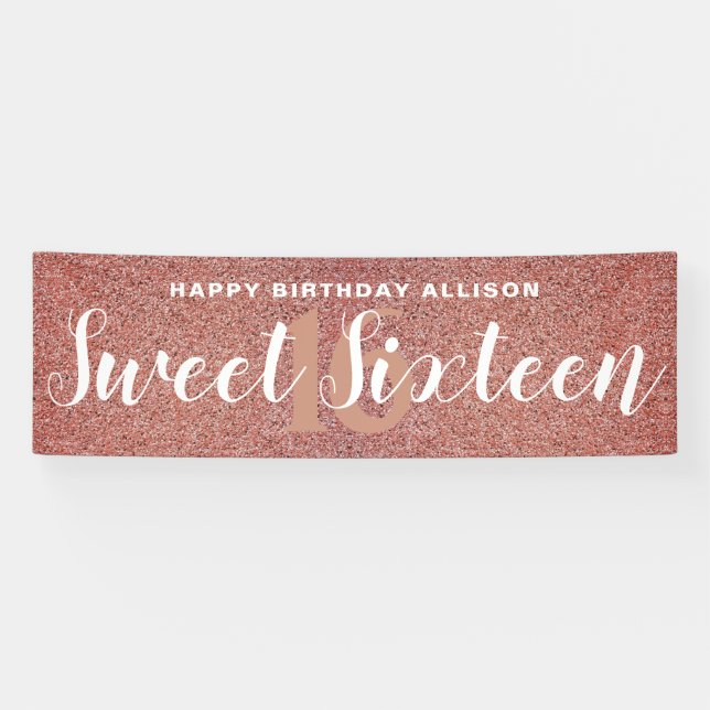 Sweet Sixteen Pink Rose Gold Glitter Personalized Banner (Horizontal)