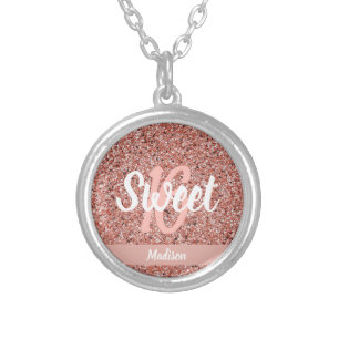 Sweet Sixteen Pink Rose Gold Glitter Personalized Silver Plated Necklace