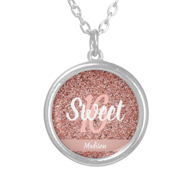Sweet Sixteen Pink Rose Gold Glitter Personalized Silver Plated Necklace (Front)