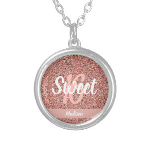 Sweet Sixteen Pink Rose Gold Glitter Personalized Silver Plated Necklace
