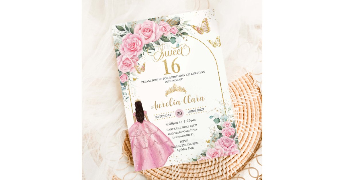 Sweet 16 Pink Roses Sweet Sixteen Pink Roses Floral Brunette Girl Gold Invitation | Zazzle