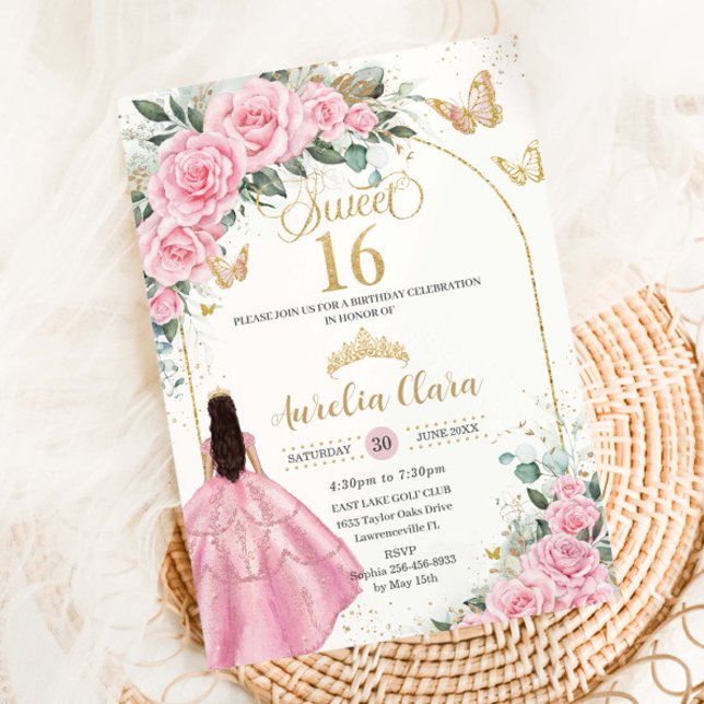 Sweet Sixteen Pink Roses Floral Brunette Girl Gold Invitation (Creator Uploaded)