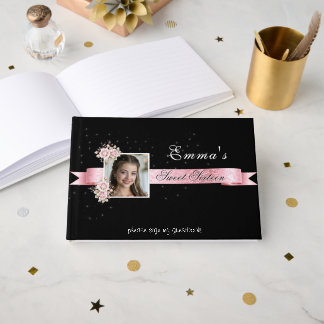 Sweet Sixteen Pink Roses Satin Ribbon Guest Book