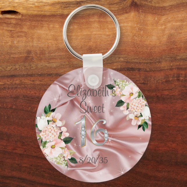 Sweet Sixteen Pink Satin Flowers Party Favor  Keychain (Front)