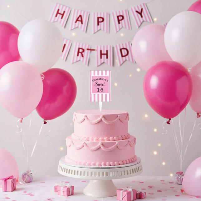 Sweet Sixteen Pink Stripe Classic Chic Cake Topper (Creator Uploaded)