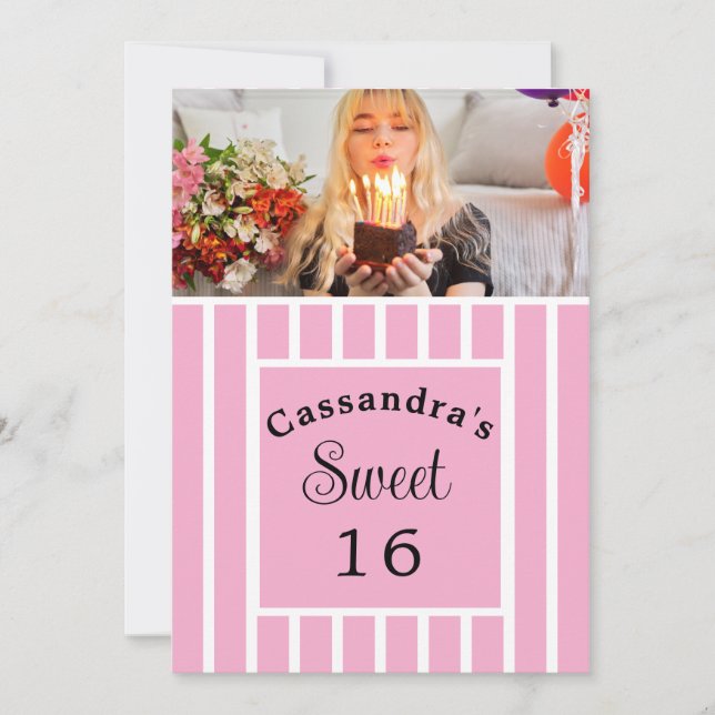 Sweet Sixteen Pink Stripe Horizontal Photo Invitation (Front)