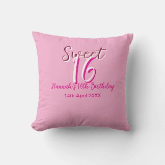 Sweet sixteen pink white name date bold letter mar throw pillow
