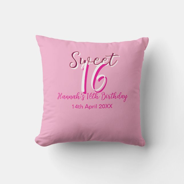 Sweet sixteen pink white name date bold letter mar throw pillow (Front)