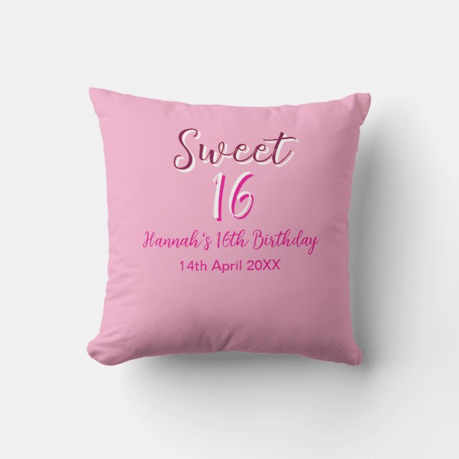 Sweet sixteen pink white name date bold letter mar throw pillow (Front)