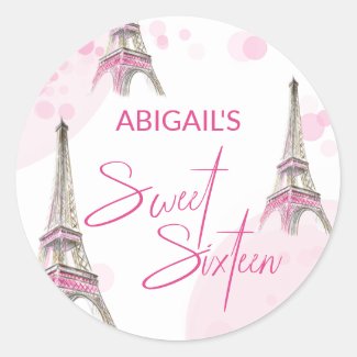 Sweet Sixteen Pink White Paris Eiffel Tower Classic Round Sticker