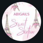 Sweet Sixteen Pink White Paris Eiffel Tower Classic Round Sticker<br><div class="desc">Sweet Sixteen Envelope Seals or Favor Labels. These elegant sweet 16 stickers have a clean and simple design in pink and white. The watercolor Paris Eiffel Tower illustrations have hints of pink and gold and a background of subtle bokeh. Sweet Sixteen is hand lettered in pink whilst your name is...</div>