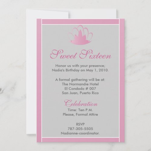 Sweet Sixteen Pink White Silver Tiara Invitation