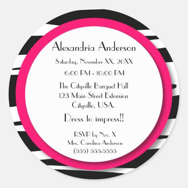 Sweet Sixteen Pink Zebra Lollipop Invitation Back Classic Round Sticker (Front)