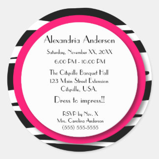 Sweet Sixteen Pink Zebra Lollipop Invitation Back Classic Round Sticker