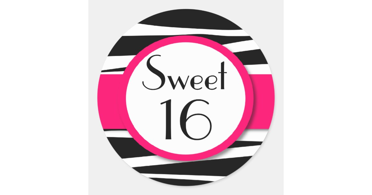 Sweet Sixteen Pink Zebra Lollipop Invitation Front Classic Round Sticker Zazzle Com