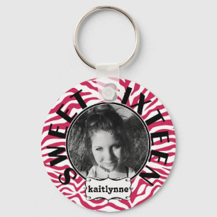 Sweet Sixteen Pink Zebra with Photo and Name Keychain
